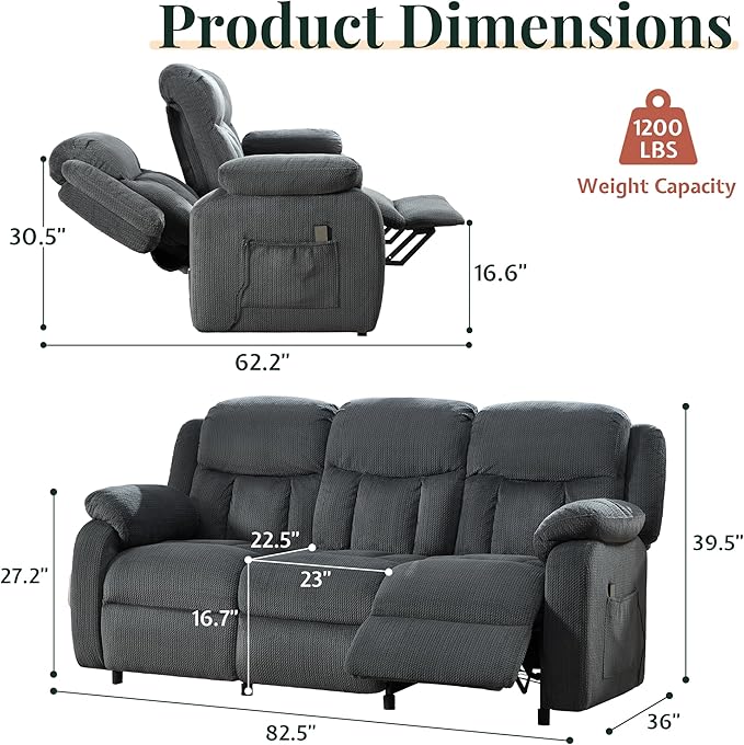 Jocisland Reclining Couch Power Reclining Sofa with Dual Wingback 3 Seater Recliner Sofa Recliner Couches for Living Room(Dark Gray)