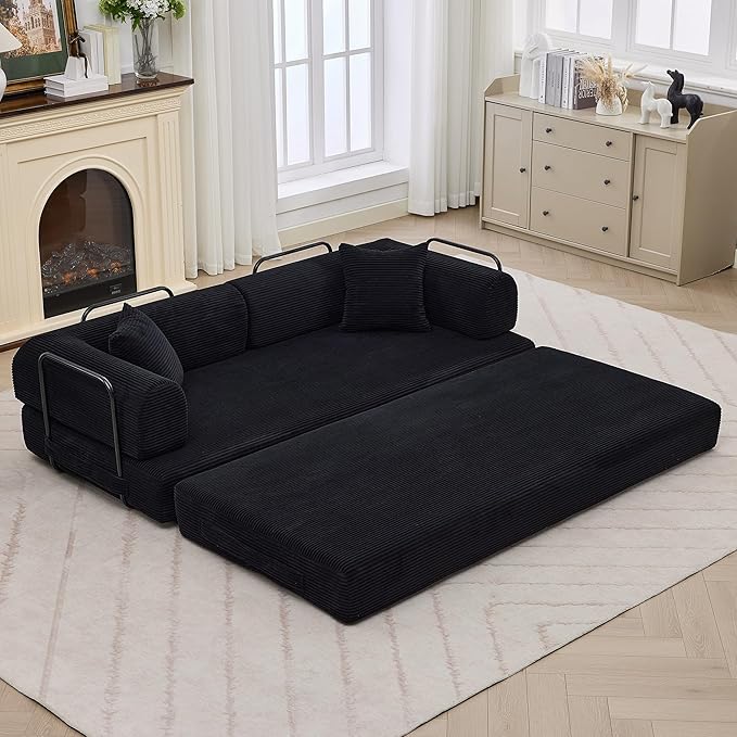 GarveeHome 79 Convertible Sleeper Sofa Bed Couch 4-in-1 Boneless Corduroy Folding Sofa Bed with Pillow &amp Fixed-Shape Floor Mattress Couch Loveseat for Living Room Apartments - No Assembly Blac