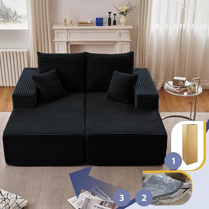 75Oversized Chaise Lounge ChairSectional Double Lounge Chaise with Pillows Upholstered Corduroy Boneless Lounge Chair Fluffy Modern Loveseat Sleeper Sofa for Living Room or Bedroom(Black)