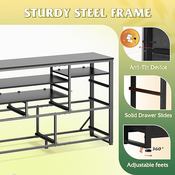 WLIVE Black TV Stand for 55 60 65 inch TV Entertainment Center with LED Lights &amp Charging Station TV Media Console Table with 13 Fabric Drawers and Open Shelves for Living Room Hallway Wood