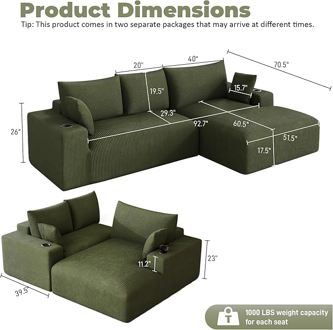 113 Modular Sectional Sofa Cloud Couch Modern Deep Seat Fluffy Corduroy Boneless Couch with Cup Holder Comfy L Shaped Sectional Couches for Living Room Bedroom. (Right Facing Olive Green)