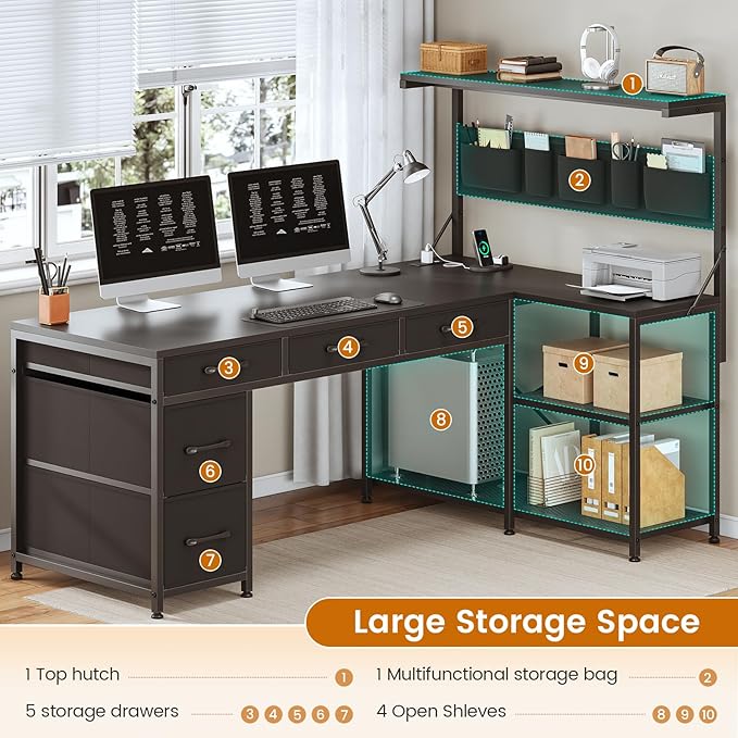 SEDETA L Shaped Gaming Desk 47.2 Reversible Small Computer Desk with 5 Drawers and Storage Shelves Corner Gaming Desk with LED Lights and Power Outlet Black
