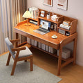Solid Wood Writing Desk Mid-Century Modern Computer Desk with Hutch and 2 Drawers Simple Study Table for Home Office Workstation with Open Storage Shelf