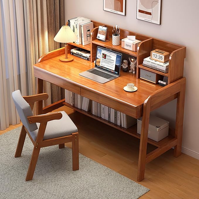 Solid Wood Writing Desk Mid-Century Modern Computer Desk with Hutch and 2 Drawers Simple Study Table for Home Office Workstation with Open Storage Shelf