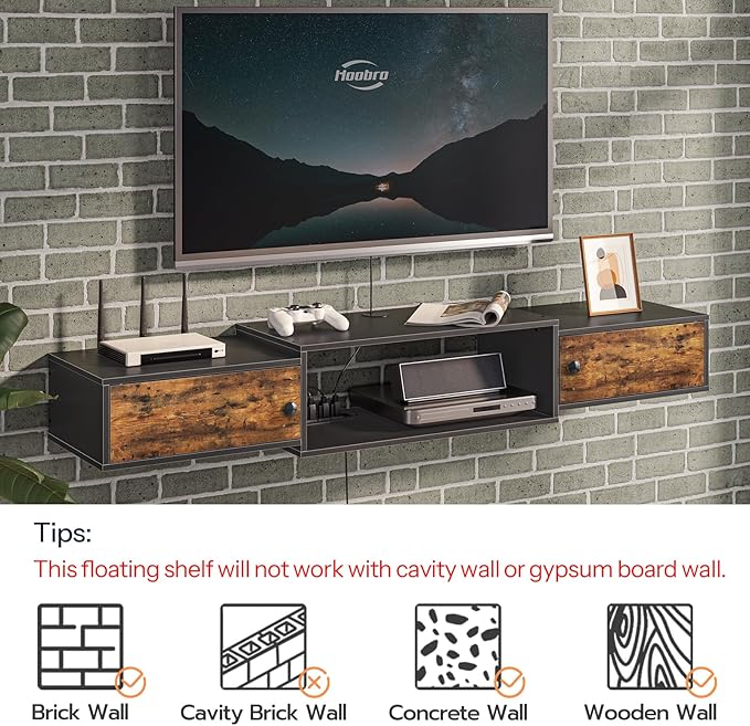 HOOBRO 55 Floating TV Stand with Power Outlet Modern Wall Mounted Media Console Shelf Cabinet for Under TV Storage Entertainment Center Living Room Bedroom Rustic Brown and Black BF11DS01