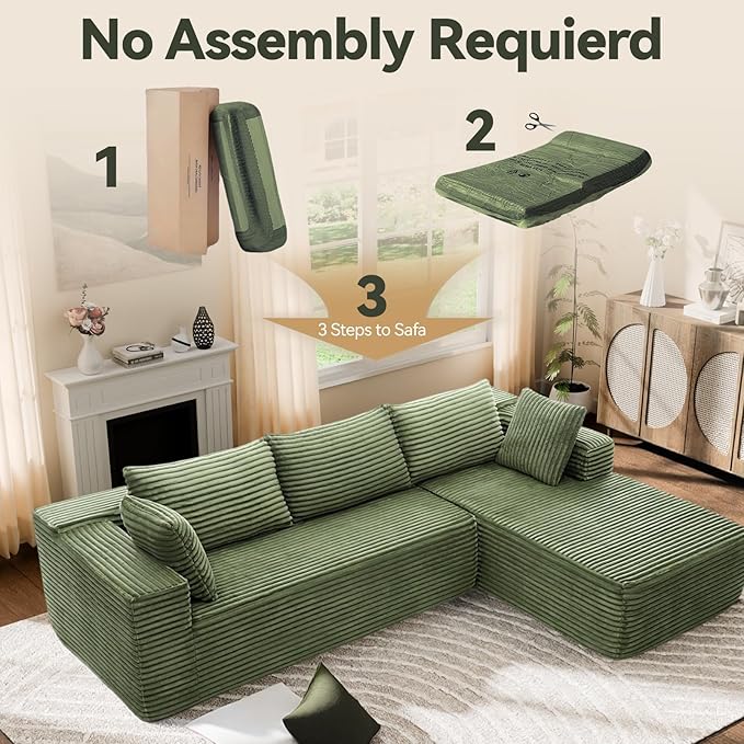 106 Modular Sectional Sofa Green Corduroy Cloud Couch with Left Chaise Deep Seat Boneless Floor Sofa for Living Room High-Resilience Foam Support No Assembly Required Includes Pillows | Sectiona