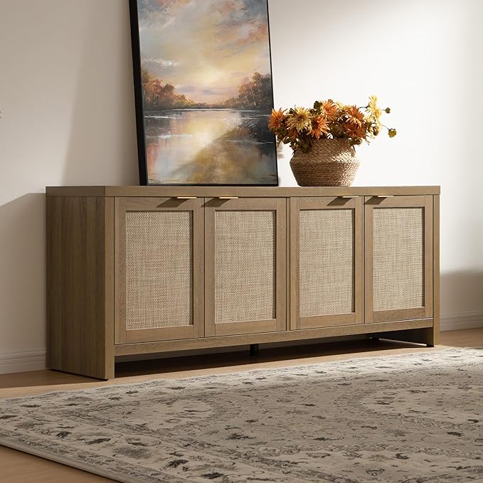 SICOTAS TV Stand for Living Room Boho Entertainment Center for Bedroom with 4 Rattan Cabinets Farmhouse Television Stands with Storage Large Media Console Table for TVs up to 65 Inch