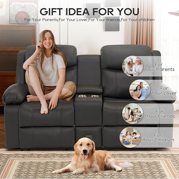 Reclining Loveseat Sofa with Massage &amp Heat Recliner Couch RV Love Seat Chair Side Pockets Extra Storage Cup Holders Adjustable Headrest &amp USB Ports for RV Home Theater Living Room