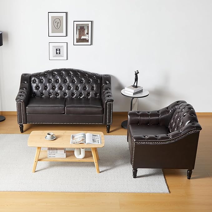 LEVNARY Chesterfield Chair Leather Upholstered Sofa Chair with High Back Mid-Century Modern Armchair with Solid Wood Legs Single Couches for Living Room (Brown)