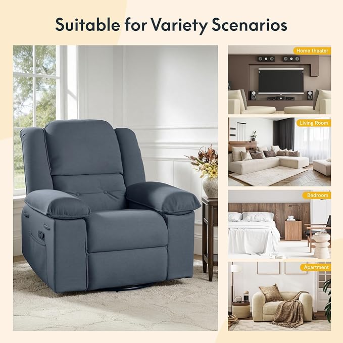 Softa Swivel Rocker Recliner Chair for Adults with Massage &amp Heat 360° Swivel Manual Glider Recliner with Side Pocket Compact Living Room Apartment Reclining Chair (Blue-Grey)