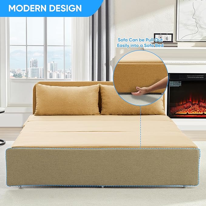 Mjkone 64 Width Queen Size Sleeper Sofa Bed 2-in-1 Modern Convertible Linen Sofa Sleeper Pull Out Couch Bed with Cushions &amp Throw Pillows for Living Room Home Office Small Place Yellow