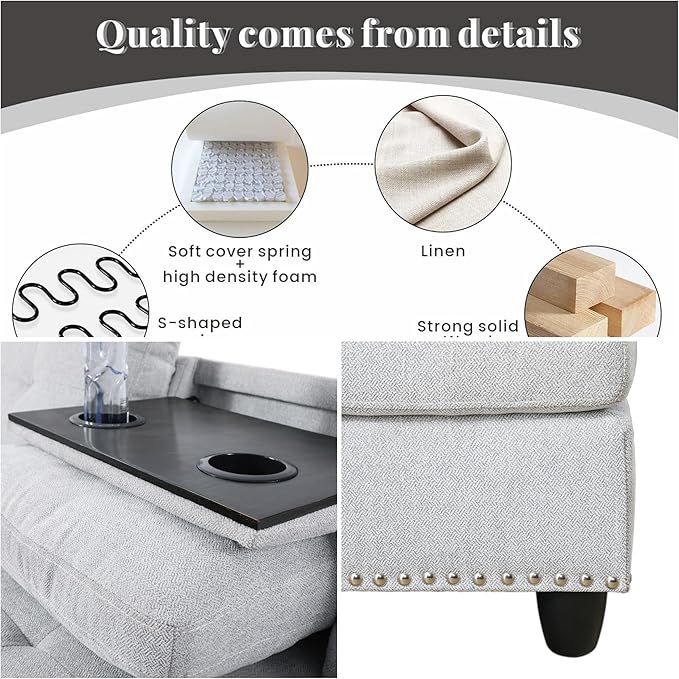 FONTOI L Shaped Sectional Couch Sofa Modern Nail-Head Design Sectional Sofa for Living Room 4 Seat L Couch with Storage Ottoman &amp Cup Holder for Bedroom Apartment Grey