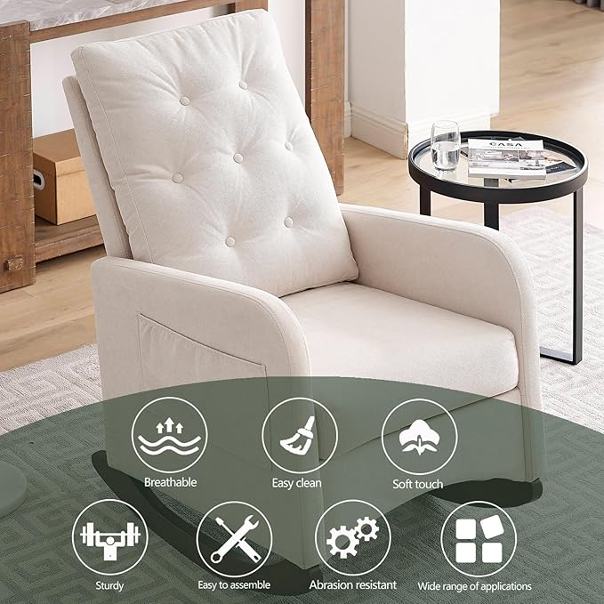 Modern Accent Tufted Rocking Chair High Backrest Living Room Lounge Arm Rocking Chair Two Side Pocket