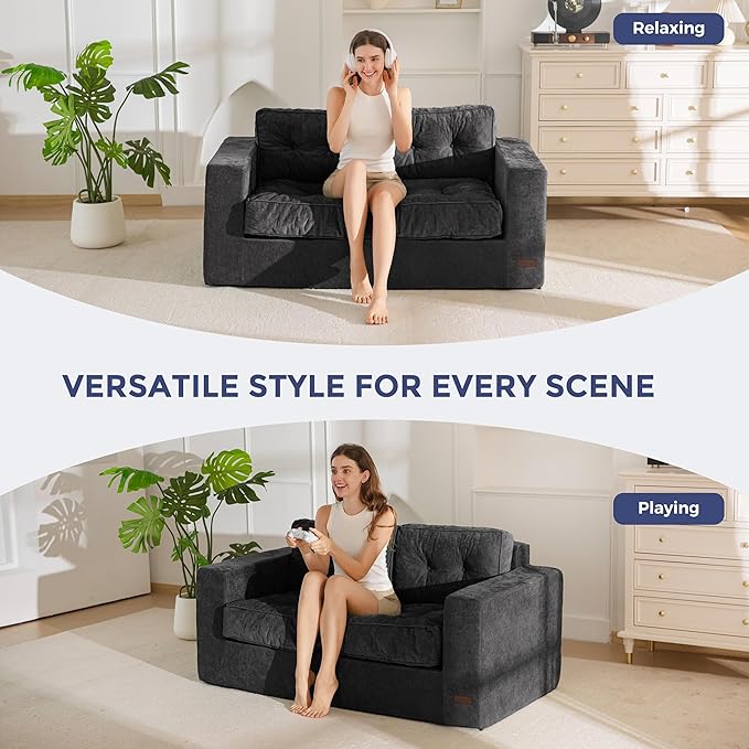 MAXYOYO Boneless Sofa Couch Loveseat Sofa for Small Space Tufted 2-Seater Floor Couch Bean Bag Chair for Living Room Bedroom Apartment Sofa in a Box No Assembly Needed Black