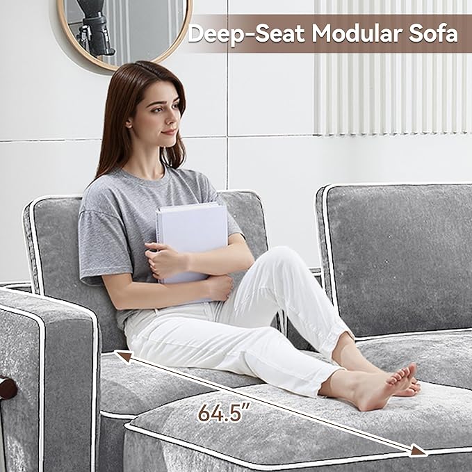 146 Modular Sectioanl Sofa Oversized 4-Seater Cloud Couches for Living Room Comfy Deep Seat Couches with Wooden Leg Armrets Chenille Grey
