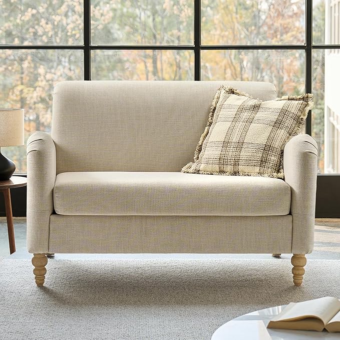HULALA HOME 50.5 Loveseat Sofa with Solid Wood Spindle Legs 2 Seater Farmhouse Sofa with Rolled Wide Armrests Comfy Upholstered Small Couch for Living Room Bedroom Linen