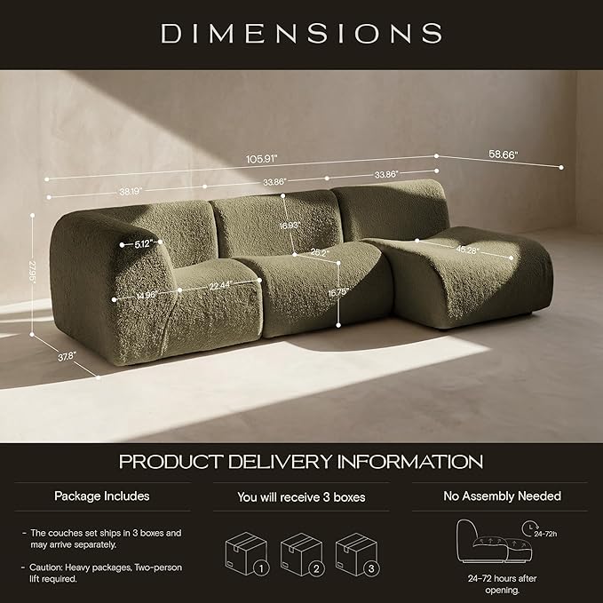 105 Curved Sectional Sofa with Chaise Boneless 3 Seater Modular Couch Reversible L-Shaped Couches with High-Density Foam Modern Lounge Comfort Sherpa Sofas for Living Room – No Assembly Green