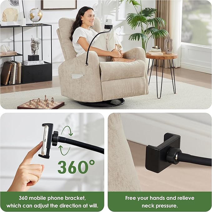 Oversized Recliner Chair Swivel Rocking Chair Reclining with Phone Holder Ergonomic Lazy Boy Fabric Sofa Chair with Lumbar Support Manual Glider Chair for Living Room RV Beige
