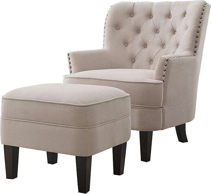 Rosevera Sausalito Accent Chairs for Living Room Furniture Reading Chair Arm Chairs Comfy Chair Small Accent Chairs for Bedroom Chair+Ottoman Velvet Peral Beige with Ottoman