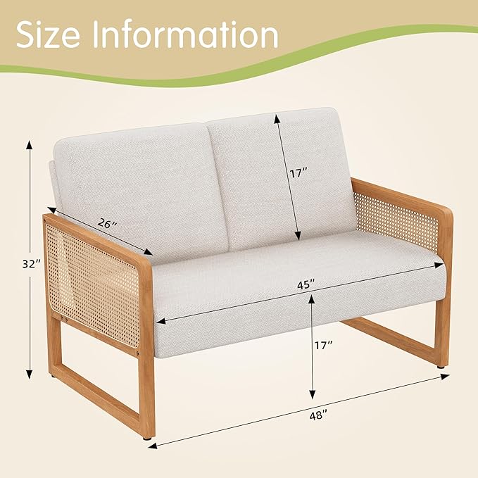 Alunaune Modern Loveseat Bench Couch with Natural Rattan Arm Upholstered Linen Small Love Seat Sofa 2-Seats Living Room Couch Settee Comfy Lounge Recliner Chair-Ivory