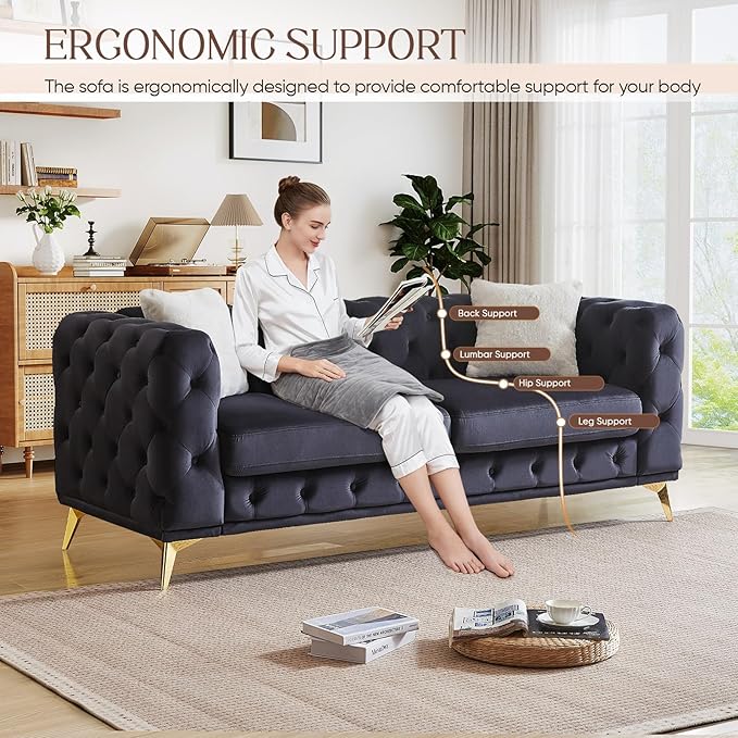 Mid Century Modern Couch82W Luxury Upholstered Velvet Oversized Loveseat Couch with Button Tufted &amp Gold Legs Deep Seat Comfy Chesterfield Sofa for Living Room Bedroom Office(3 Seater Black)