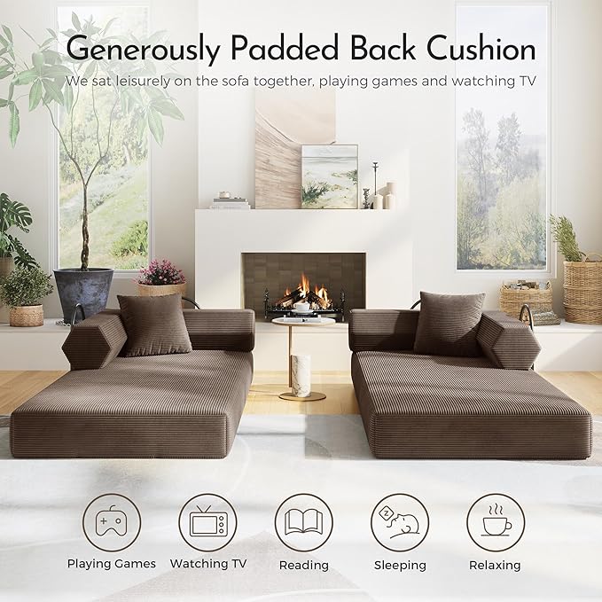 79'' Convertible Sofa Bed 5-in-1 Folding Sleeper Couch with Pull Out Bed Corduroy Modular Floor Sofa No Assembly Space Saving Guest Bed for Living Room Apartment Bedroom (Brown1) | Convertible Sofa