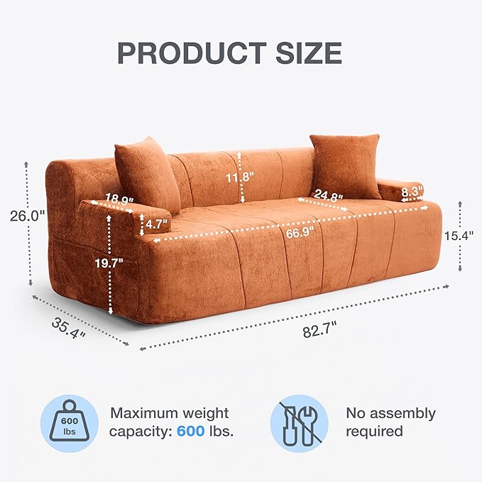 82.7 Modern Velvet Boneless Couch Ultra Comfy 3-Seater Sofa for Living Room Bedroom Home Office No Assembly Required (Orange)