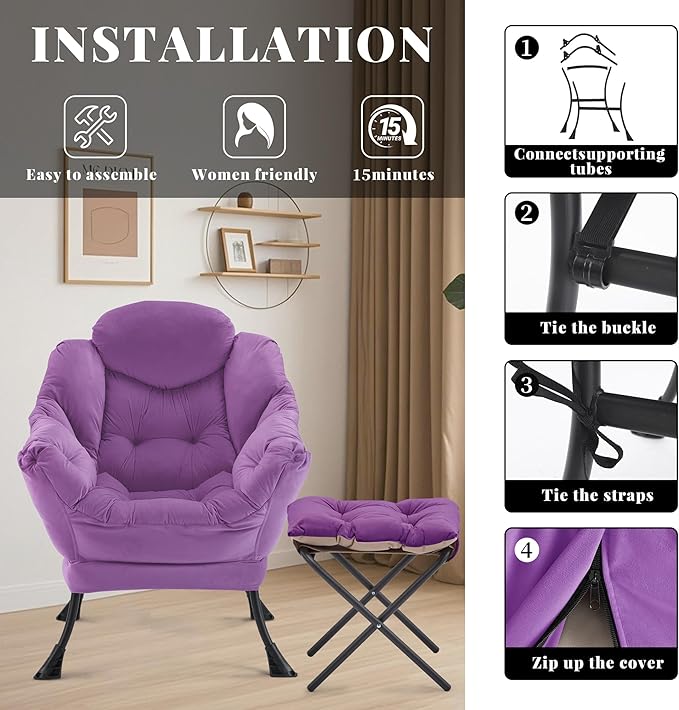 Lazy Chair with Ottoman Comfy Accent Lounge Chair with Side Pocket Modern Reading Armchair with Footrest Upholstered Sofa Chair for Small Spaces Bedroom Living Room Dorm Purple