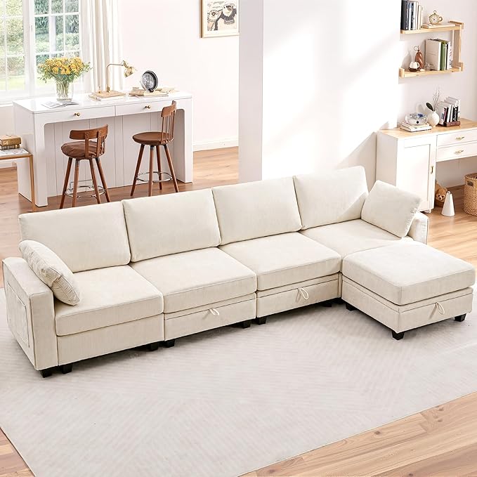 TUNYI 130 Sectional Couch with Storage Oversized Chenille Modular Sectional Sofa for Living Room Convertible Deep Seat Sofa Couches with Ottoman Armrest Pillow (Beige)