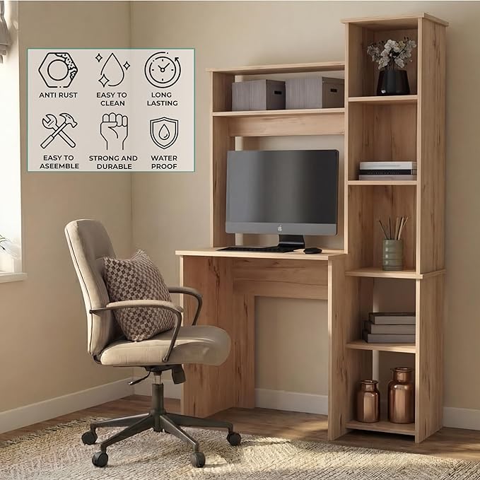 Tuhome Versalles Writing Desk with Two Superior Shelves Five Side Open Storage Compartments Space-Saving Modern Workstation Design for Studios and Offices Ideal for Organization Books