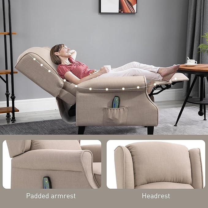 HOMCOM Vibration Massage Recliner Chair for Living Room with Heat Wingback Single Sofa Modern Linen Fabric Push Back Reclining Chair with Footrest Side Pocket Dark Beige