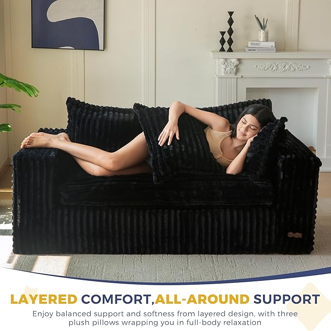 MAXYOYO 59 Bean Bag Sofa Couch Loveseat Boneless Couch in a Box Upholstered Small Mini Sofa with Deep Seating for Living Room Bedroom Office Apartment No Assembly Black