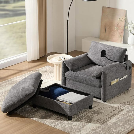 Oversized Accent Chair with Ottoman Chaise Lounge Chair with Phone Holder USB Charger Side Pockets Chenille Reading Armchair for Living Room Bedroom Home Theater (Gray)
