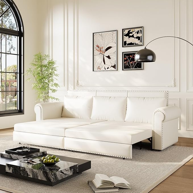93.7 King Size Chesterfield 3-seat Pull Out Sofa Bed Leather Sofa Bed with Nailhead Trim and Rolled Arm 3-in-1 Sofa Sleeper for Living Room Apartment Office Cream White