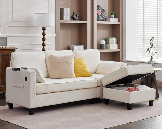 Grepatio Sectional Sofa Couch 80 L Shaped Convertible Sofa with 2 Pockets &amp USB Ports 3-Seater Comfy Cloud Modular Couches with Movable Storage Ottom for Living Room Apartment Small Space (Be