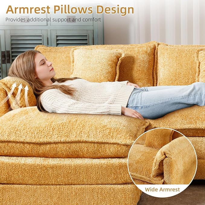 GNIXUU 112 Oversized Sectional Sofa Cloud Couch for Living Room Modern Chenille L Shaped Couch Comfy Boucle Modular Sofa Sleeper with Moveable Ottoman &amp Memory Foam(Musterd Yellow)