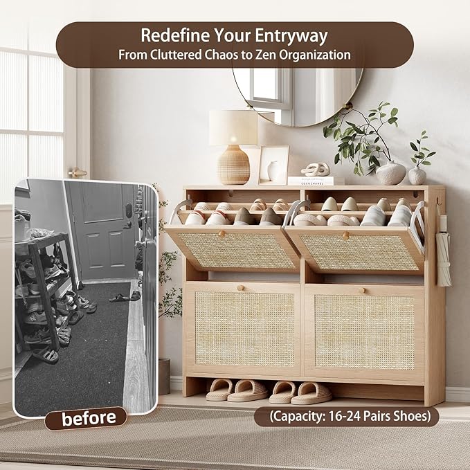 Nicetree Shoe Cabinet Storage for Entryway 4-Flip Drawer Narrow Shoe Rack Organic Modern Rattan Shoe Organizer with Gold Legs Shoe Organizer Fits Men's Size 13.5 Sun-Drenched Amber Oak