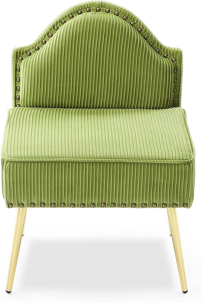 Modern Upholstered Pleated Velvet Accent Chair Tufted Dining Office Chairs Armless Slipper Chair Mid Century Side Chair Single Luxury Sofa Chair with Golden Legs for Living Room Small SpaceGreen