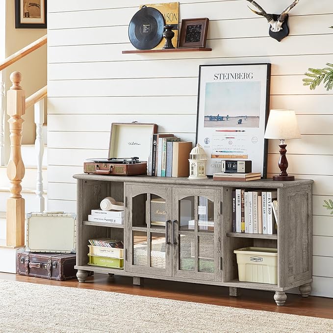 Farmhouse TV Stand for 60 Inch TV Wood Entertainment Center with Glass Door Storage Cabinet &amp Adjustable ShelvesTelevision Stands for 65 TVS Grey TV Console Table for Living RoomBedroom