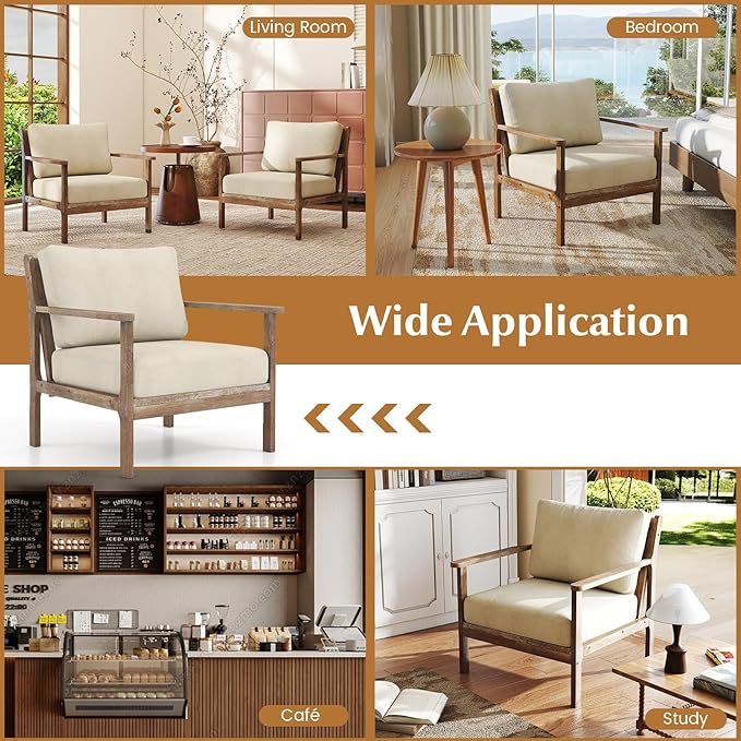 Giantex Mid Century Modern Accent Chair Wooden Arm Chair w/Solid Wood Frame Removable Seat Cushion &amp Pillow Vintage Comfy Reading Chair for Living Room Bedroom Study