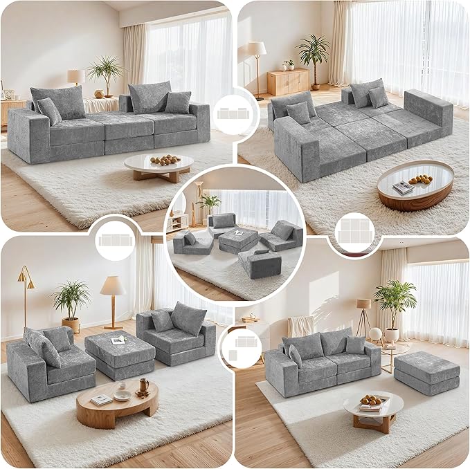 Boneless Sectional Loveseat Couch with Ottoman Convertible Modular Floor Sleeper Sofa Bed Comfy Foldable Compression Love Seat Sofa for Living Room No Assembly Light Grey