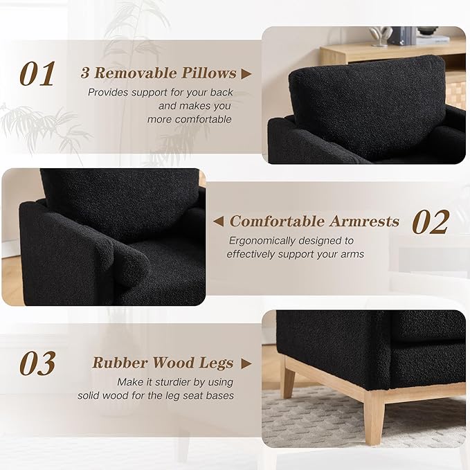 Mlmh &amp Kngwa 35.43 W Accent Chairs with Ottoman Upholstered Accent Chairs Ottoman Set with Natural Wood Legs Single Sofa Wingback Armchair for Living Room Bedroom Black
