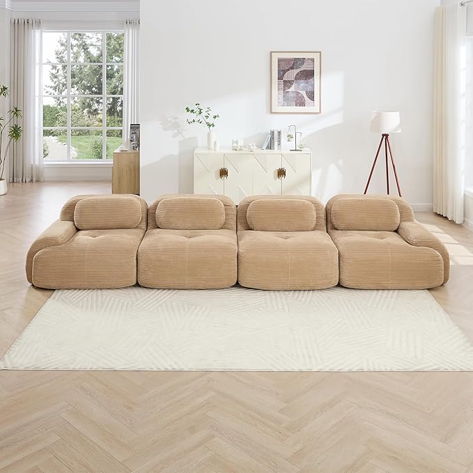 152.7 Inch Modular Sectional Sofa 4-Seater Cloud Couch with Deep Seat Boneless Couch with Pillows for Living Room Apartment Camel