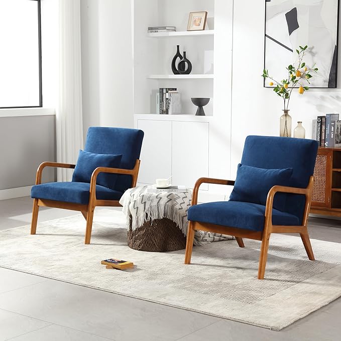 Modern Accent Chair Solid Wood Padding Lounge Armchairs with One Pillow for Living Room Bedroom Guest Room (Navy)