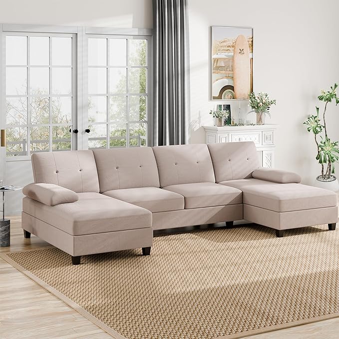 Nuturelly Nutually Sectional Couches for Living Room Convertible U-Shaped Sofa Couch with Double Chaise 4 Seat Sofa Set Modular Sofa Couch with Linen Fabric for ApartmentDark Khaki