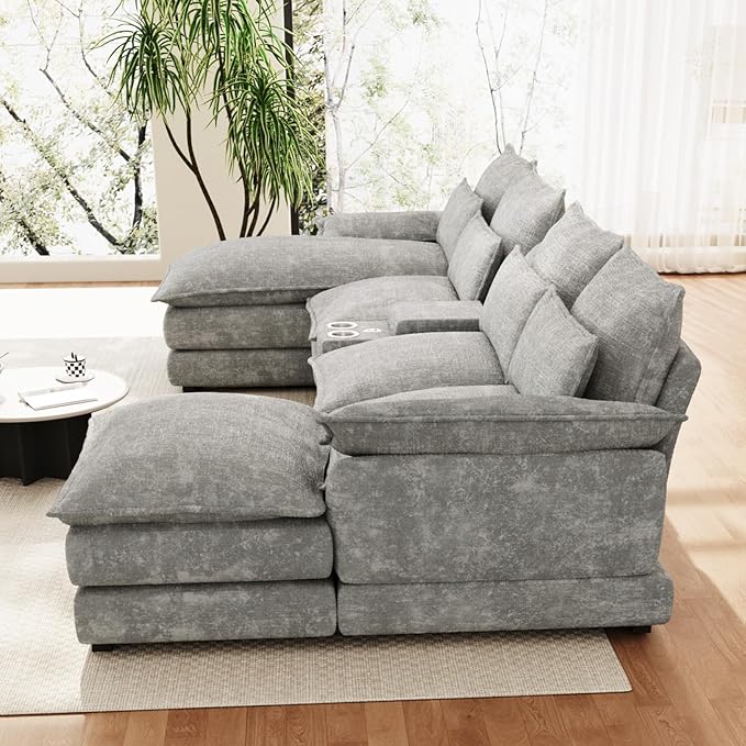 OUYESSIR 135 U Shaped Sectional Cloud CouchGrey Sectional Couches for Living RoomComfy Fluffy Chenille Oversized Cloud CouchModular Sectional Sofa with Central Console &amp Double Chaise Lounge