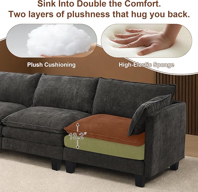 111” Modular Sectional Sofa L Shaped Cloud Couch with Ottoman Chenille Deep Seat Sofa with Pillow for Living Room Bedroom and Apartment4 Seats Grey