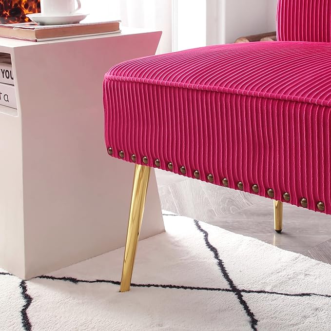 Modern Upholstered Pleated Velvet Accent Chair Tufted Dining Office Chairs Armless Slipper Chair Mid Century Side Chair Single Luxury Sofa Chair with Golden Legs for Living Room Small SpaceFuchsia