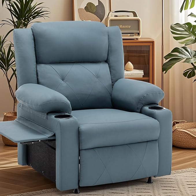 Aklaus Recliner Chair with Foldable Side Table Massage and Heat Reclining Chair Home Theater Seating Reclining Sofa with Side Pockets Cup Holders for Living Room BedroomBlue