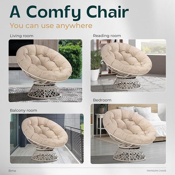 Bme 40 Ergonomic Wicker Papasan Chair with Soft Thick Cushion &amp Frame 360° Swivel Circle Reading Comfy Chair for Living Room Bedroom
